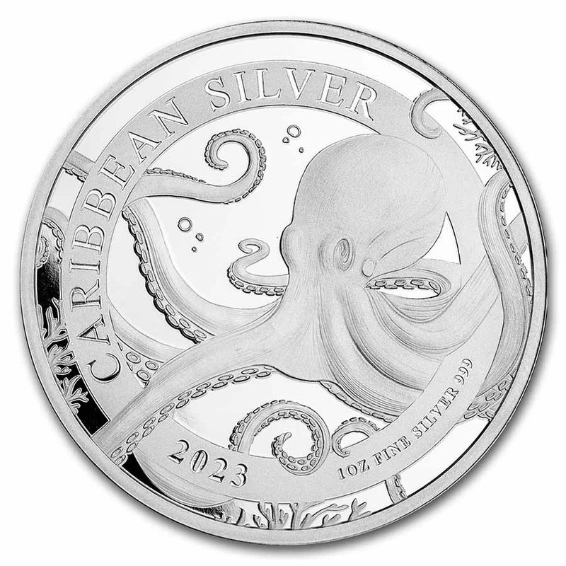 Barbados Octopus Silver Coin 2023, 31.1 grams of pure silver (0.999 proof) Collectible coins