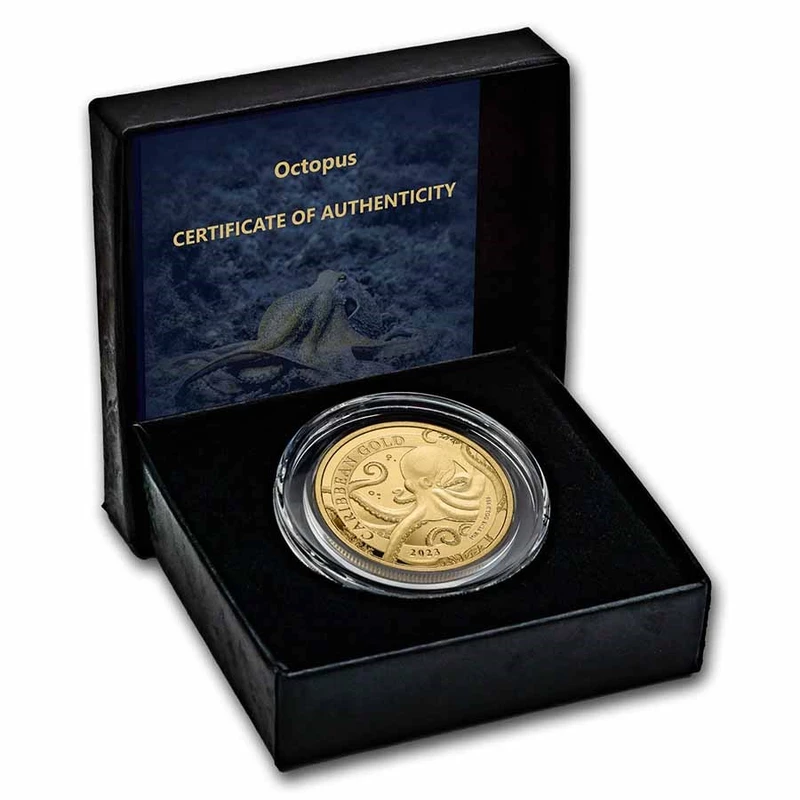 Barbados Octopus Gold Coin 2023, 31.1 grams of pure gold (0.999 proof) Collectible coins