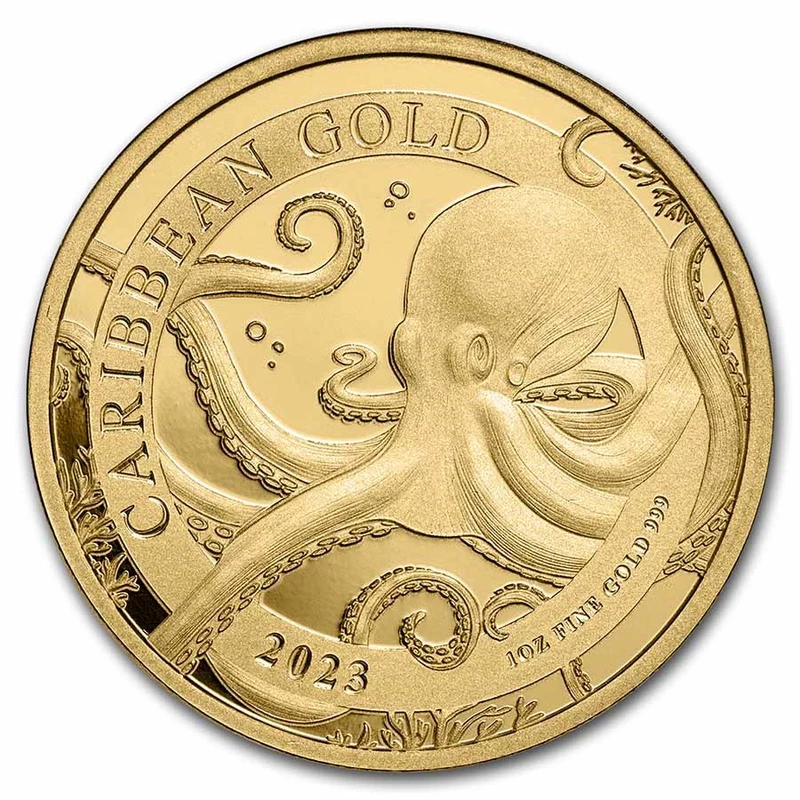 Barbados Octopus Gold Coin 2023, 31.1 grams of pure gold (0.999 proof) Collectible coins