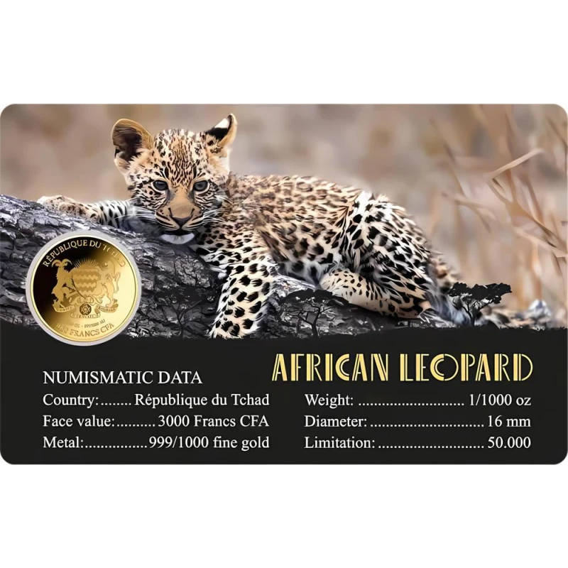 Chad African Leopard Gold Coin (proof), 0.031 grams of pure gold (0.999 proof) Collectible coins