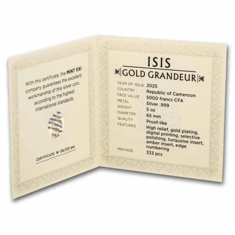 Cameroon: silver coin Isis 2025 high relief gilded 5 oz Collectible coins