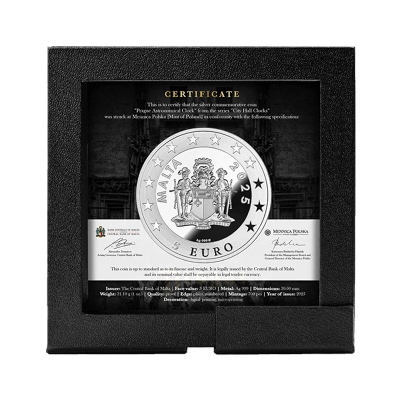 Malta: silver coin Prague Astronomical Clock 2025 Proof 1 oz Collectible coins